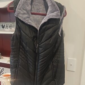 The North Face Black Quilted Hooded Vest with Gray Faux-Fur Lining